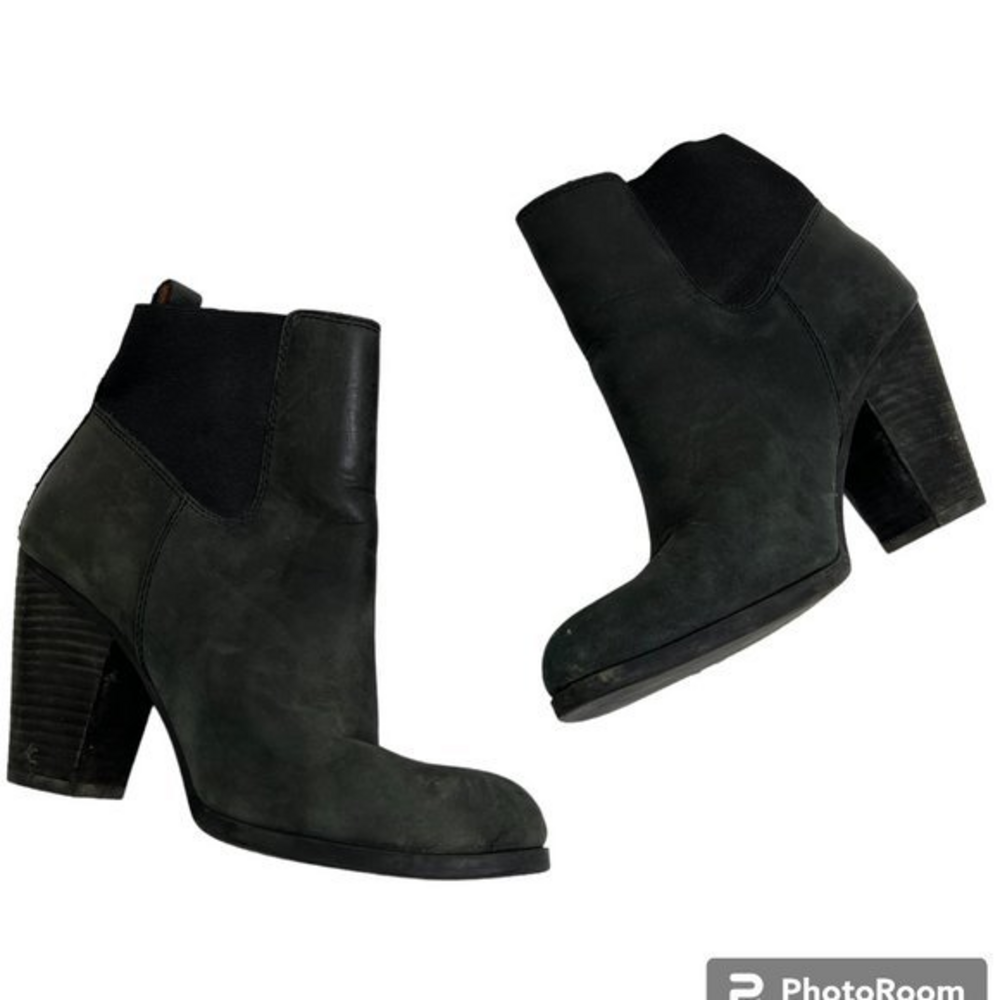 Lucky Brand Parlei Booties 8.5 Black‎ Leather Ankle Boots Block Gray Slip On